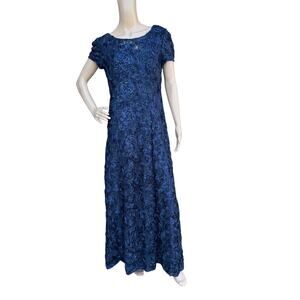 Alex Evenings Navy Blue Formal Gown 8 Textured Floral Short Sleeve Maxi Dress